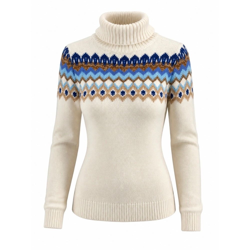 Lands End Fair Isle Turtleneck Sweater Ivory Blue Cotton Blend L 14-16 Nordic
